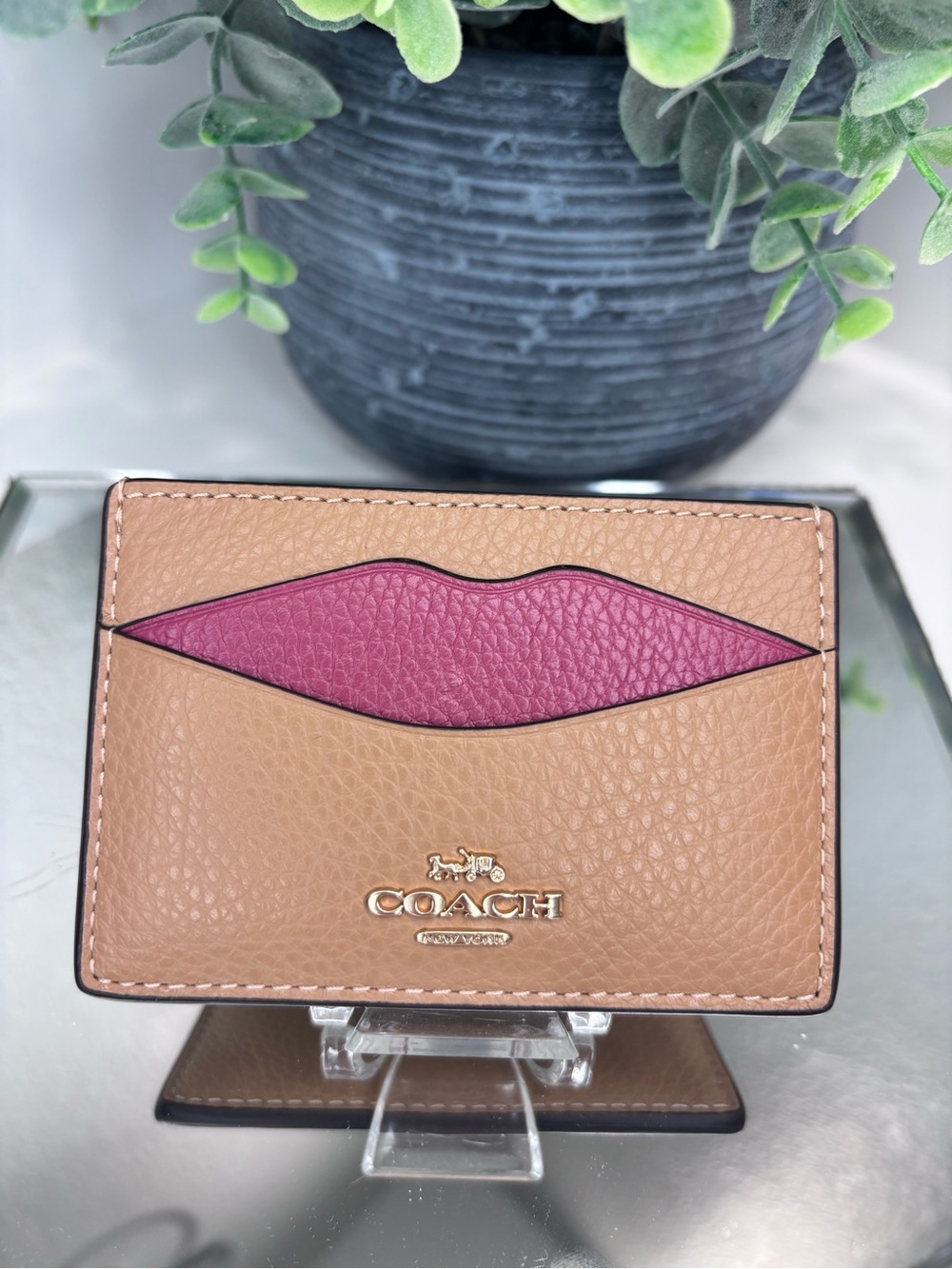 Coach Slim Card Case with Pink Lip Accent